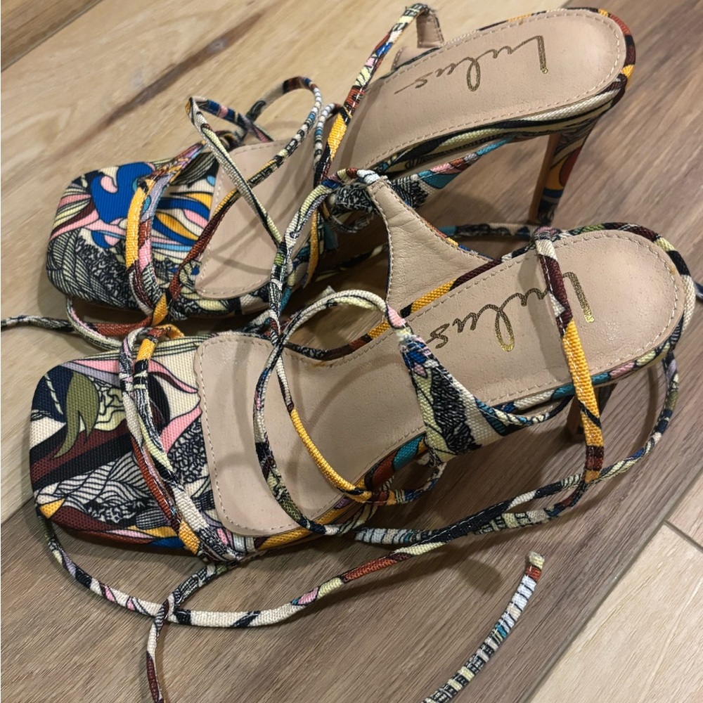 New Lulu's Wiley Multi Print Square toe Lace Up High Heel Sandals size 8 - Picture 7 of 11